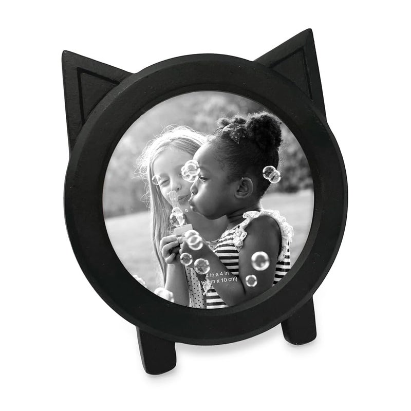 Isaac Jacobs 4x4 Round Resin Sentiment Cat Picture Frame with Ears, Photo Tabletop & Wall Display Hanging Display & Home DÃ©cor (Black) - Image 1